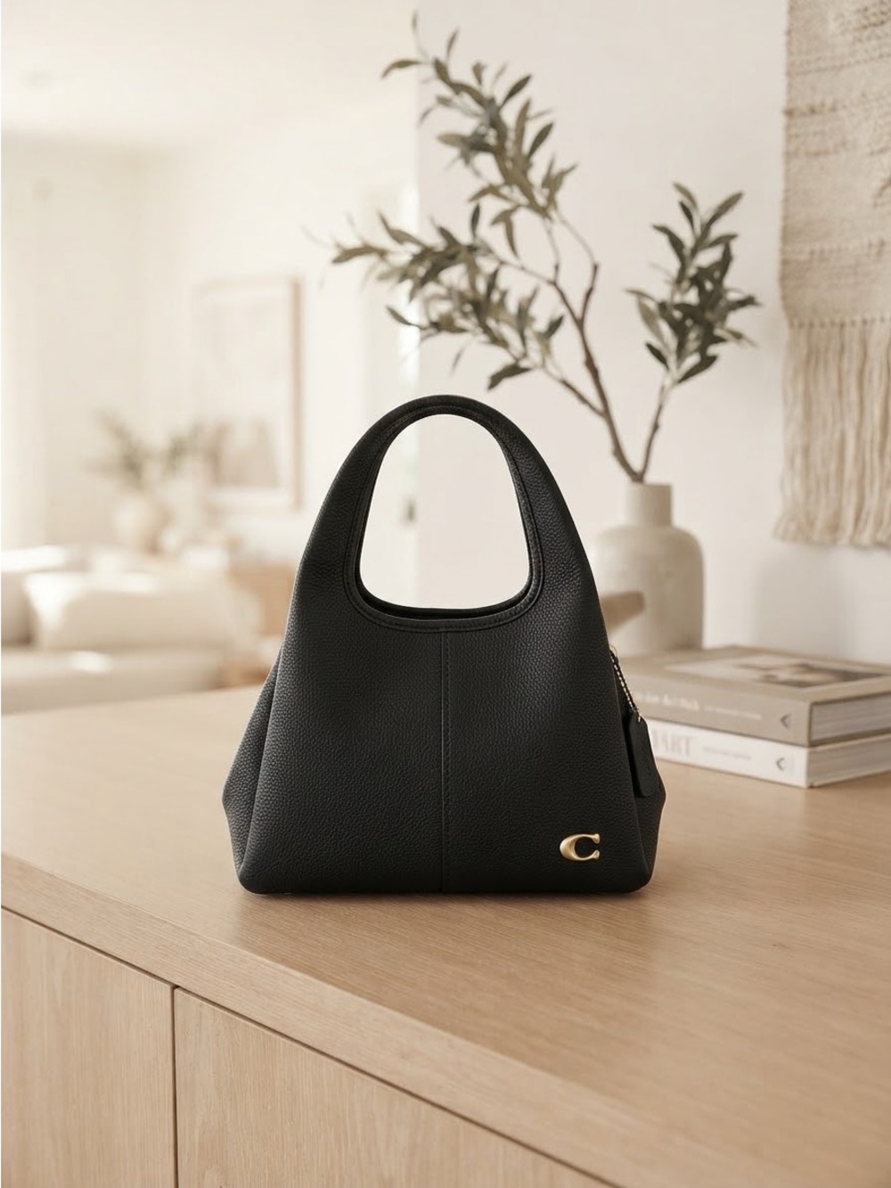 Black Pebbled Leather Tote with Gold Accent